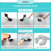 Portable inflatable travel pillow for airplane with hood and adjustable firmness, shown with instructions for inflation and deflation.