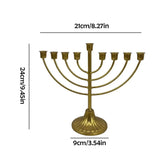 Gold Jewish candle holder menorah with 7/9 branches, metal construction, and sturdy base for Hanukkah decoration.