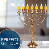 7 branched brass and copper Menorah candelabra with grafted-in symbol and lit candles, 12 inches high, made in Israel.