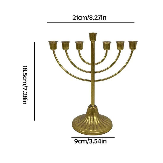 Gold Jewish candle holder menorah with 7 branches, metal candlestick for Hanukkah, 21cm wide and 18.5cm tall.