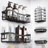 Black shower caddy set with adhesive stainless steel shelves for bathroom and kitchen storage, no drilling required, rustproof and large capacity.