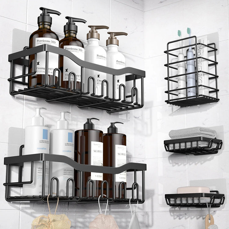 Black shower caddy set with adhesive stainless steel shelves for bathroom and kitchen storage, no drilling required, rustproof and large capacity.