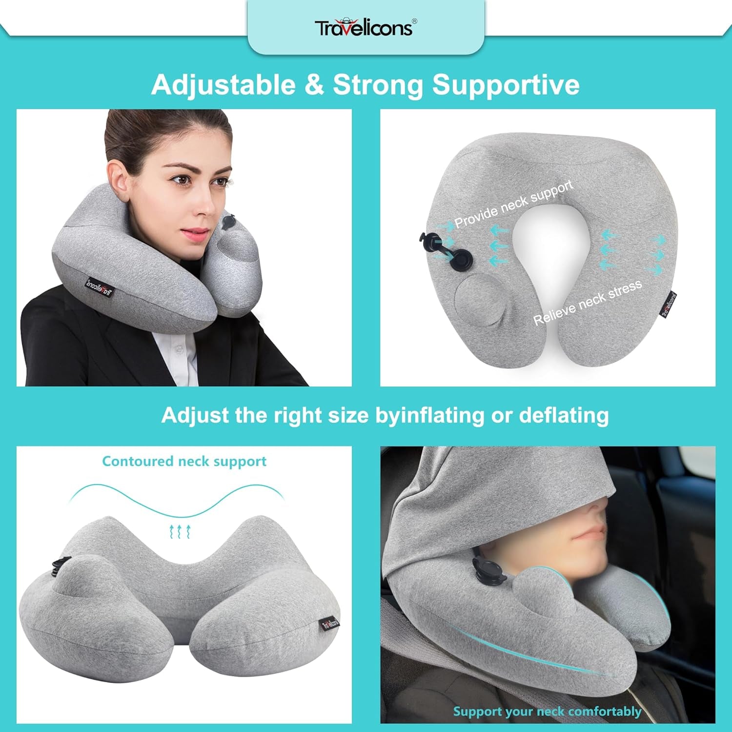 Inflatable travel pillow for airplane with adjustable neck support and hood for comfortable sleep during flights and car rides