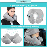 Inflatable travel pillow for airplane with adjustable neck support and hood for comfortable sleep during flights and car rides