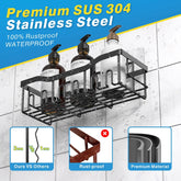 Black SUS 304 stainless steel shower caddy with adhesive mount, rustproof and waterproof bathroom organizer shelf for shampoo and soap bottles
