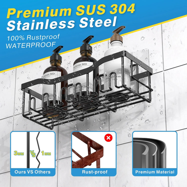Black SUS 304 stainless steel shower caddy with adhesive mount, rustproof and waterproof bathroom organizer shelf for shampoo and soap bottles