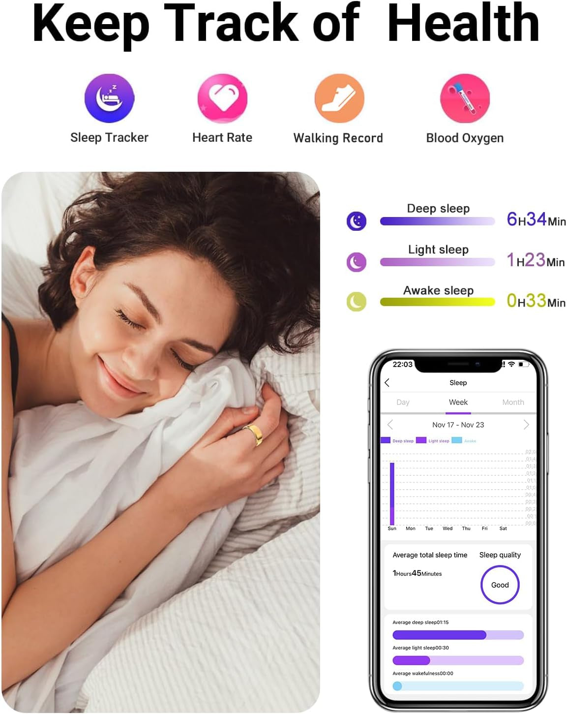 Smart Ring Health Tracker for sleep, heart rate, blood oxygen, and fitness tracking with app display and woman sleeping wearing ring