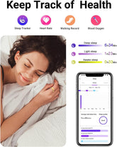 Smart Ring Health Tracker for sleep, heart rate, blood oxygen, and fitness tracking with app display and woman sleeping wearing ring