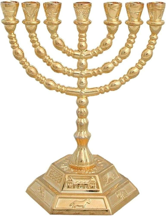 Gold Jewish Menorah 7 branch with 12 Tribes of Israel symbols on a hexagonal base, tabletop candle holder for Hanukkah.