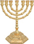 Gold Jewish Menorah 7 branch with 12 Tribes of Israel symbols on a hexagonal base, tabletop candle holder for Hanukkah.