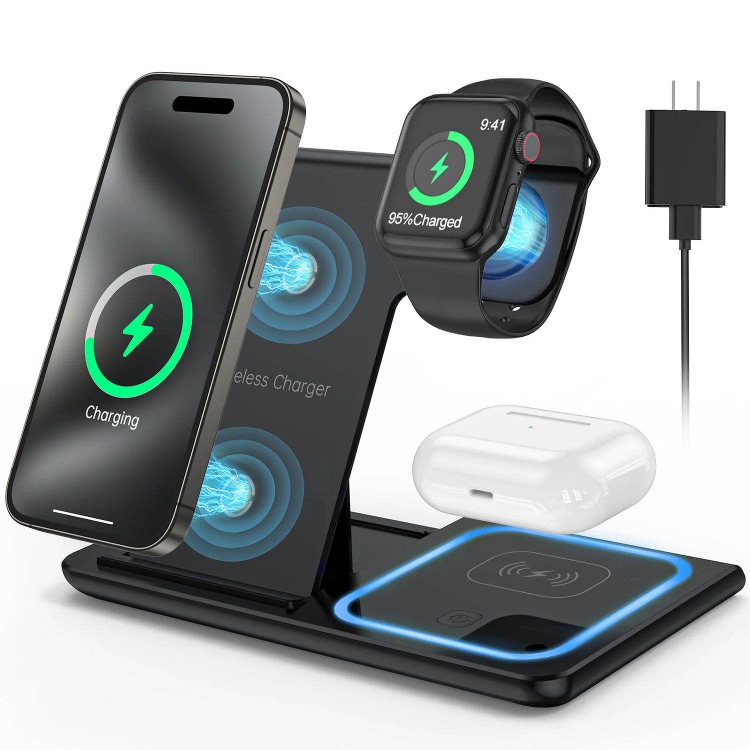 3 in 1 Wireless Charger, 18 w Fast Charging Station for Iphone and Androids,
Comes in black as shown in image 