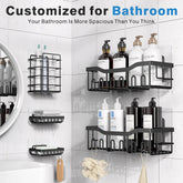 Black adhesive shower caddy set with five rustproof SUS304 stainless steel shelves and holders mounted on bathroom wall for organized storage of toiletries.