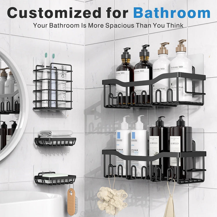 Black adhesive shower caddy set with five rustproof SUS304 stainless steel shelves and holders mounted on bathroom wall for organized storage of toiletries.