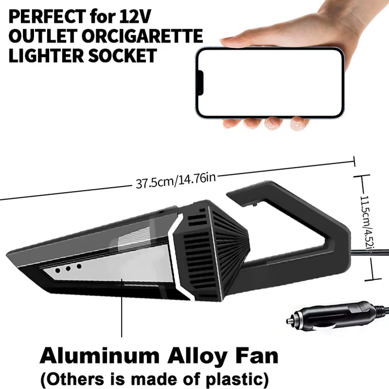 Portable car cordless vacuum cleaner with aluminum alloy fan, compact design for 12V cigarette lighter socket, high suction and blowing function in silver color.