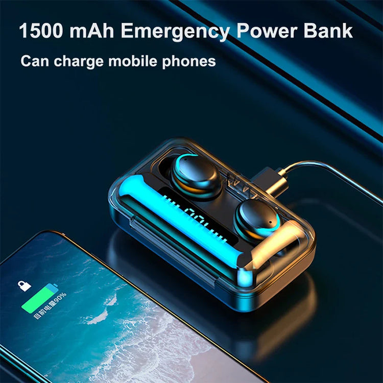 2023 F9 upgrade TWS Bluetooth earphones with 9D stereo sound and 1500mAh emergency power bank charging phone