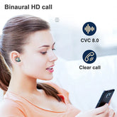 2023 F9 upgrade TWS Bluetooth wireless earphones with binaural HD call and CVC 8.0 noise reduction in a woman using smartphone