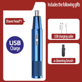 Blue USB rechargeable nose hair trimmer with shaver head, charging cable, and cleaning brush accessories