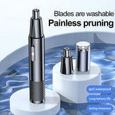 Black electric nose hair trimmer with washable blades, USB charging, and portable design for painless pruning and waterproof use