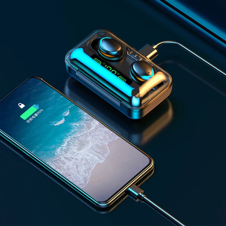 2023 F9 upgrade TWS Bluetooth wireless earphones with charging case and smartphone showing battery charging