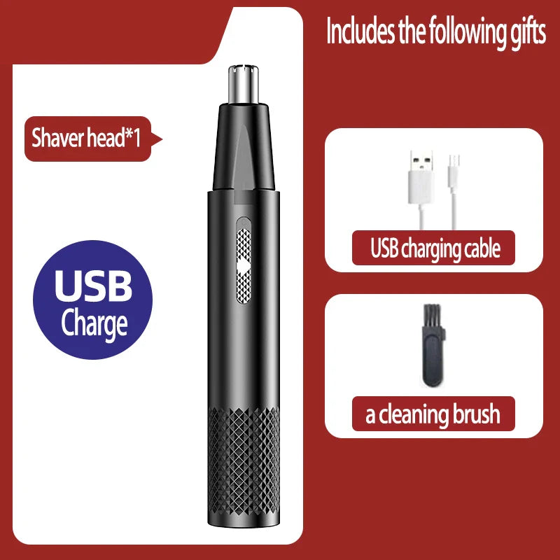 Black USB rechargeable nose hair trimmer with shaver head, cleaning brush, and charging cable set