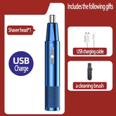 Blue USB rechargeable nose hair trimmer with shaver head, charging cable, and cleaning brush accessories