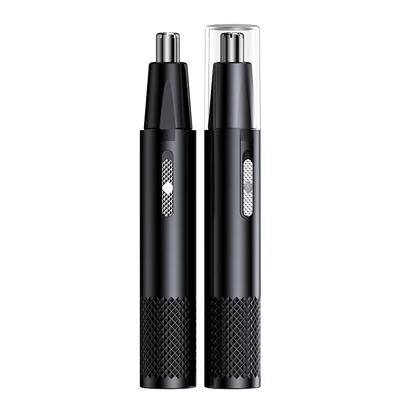 Black USB rechargeable portable electric nose hair trimmer with stainless steel tip and protective cap