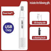 White electric nose hair trimmer with USB charging cable and cleaning brush included