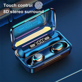 2023 F9 upgrade TWS Bluetooth wireless earphones with 8D stereo surround and touch control in charging case displaying battery level
