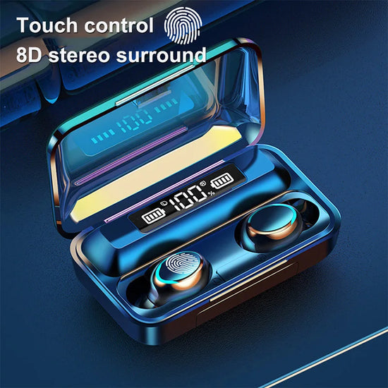 2023 F9 upgrade TWS Bluetooth wireless earphones with 8D stereo surround and touch control in charging case displaying battery level