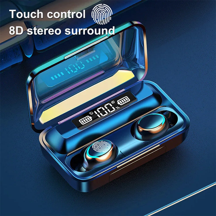 2023 F9 upgrade TWS Bluetooth wireless earphones with 8D stereo surround and touch control in charging case displaying battery level