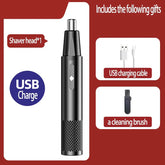 Black portable USB rechargeable nose hair trimmer with shaver head, charging cable, and cleaning brush included