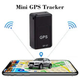 Compact black GF07 mini GPS universal tracking device shown above a smartphone displaying a car on a map for real-time vehicle tracking.
