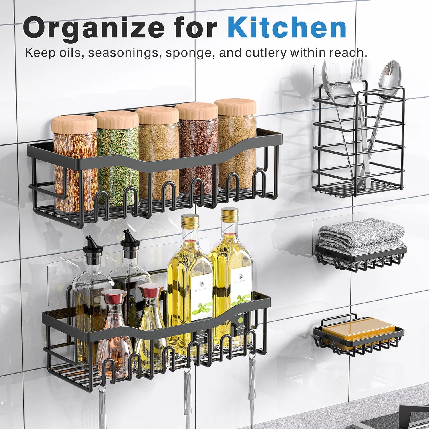 Black adhesive shower caddy set with multiple shelves and holders mounted on kitchen wall organizing bottles, jars, and utensils