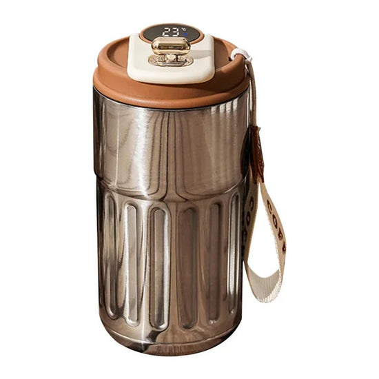 Smart thermos bottle with LED temperature display, 316 stainless steel, 450ml capacity, brown lid, and carry strap.