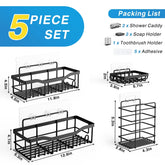 Black 5-piece adhesive shower caddy set with rustproof SUS304 stainless steel shelves and holders for bathroom and kitchen organization