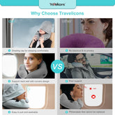 Travel pillow for airplane with hood and inflatable neck support for comfortable sleep and travel.