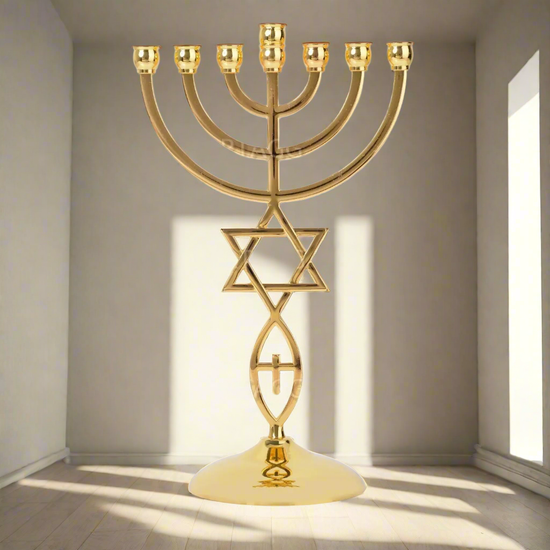 Golden Menorah 7 branches candle holder with Star of David and Hamsa Hand design on zinc alloy base