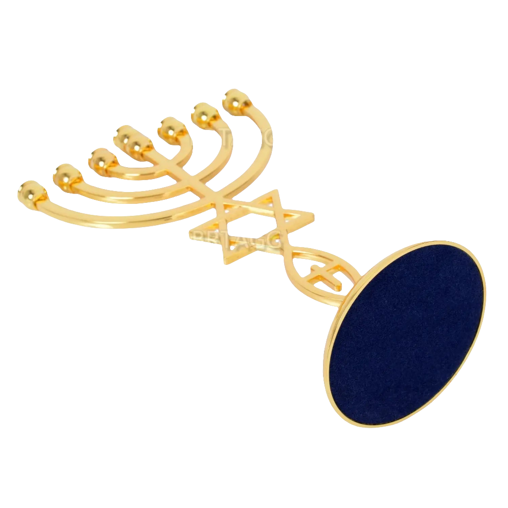 Gold zinc alloy Menorah 7 branches candle holder with Star of David and Hamsa hand, anti-skid base.