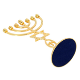 Gold zinc alloy Menorah 7 branches candle holder with Star of David and Hamsa hand, anti-skid base.