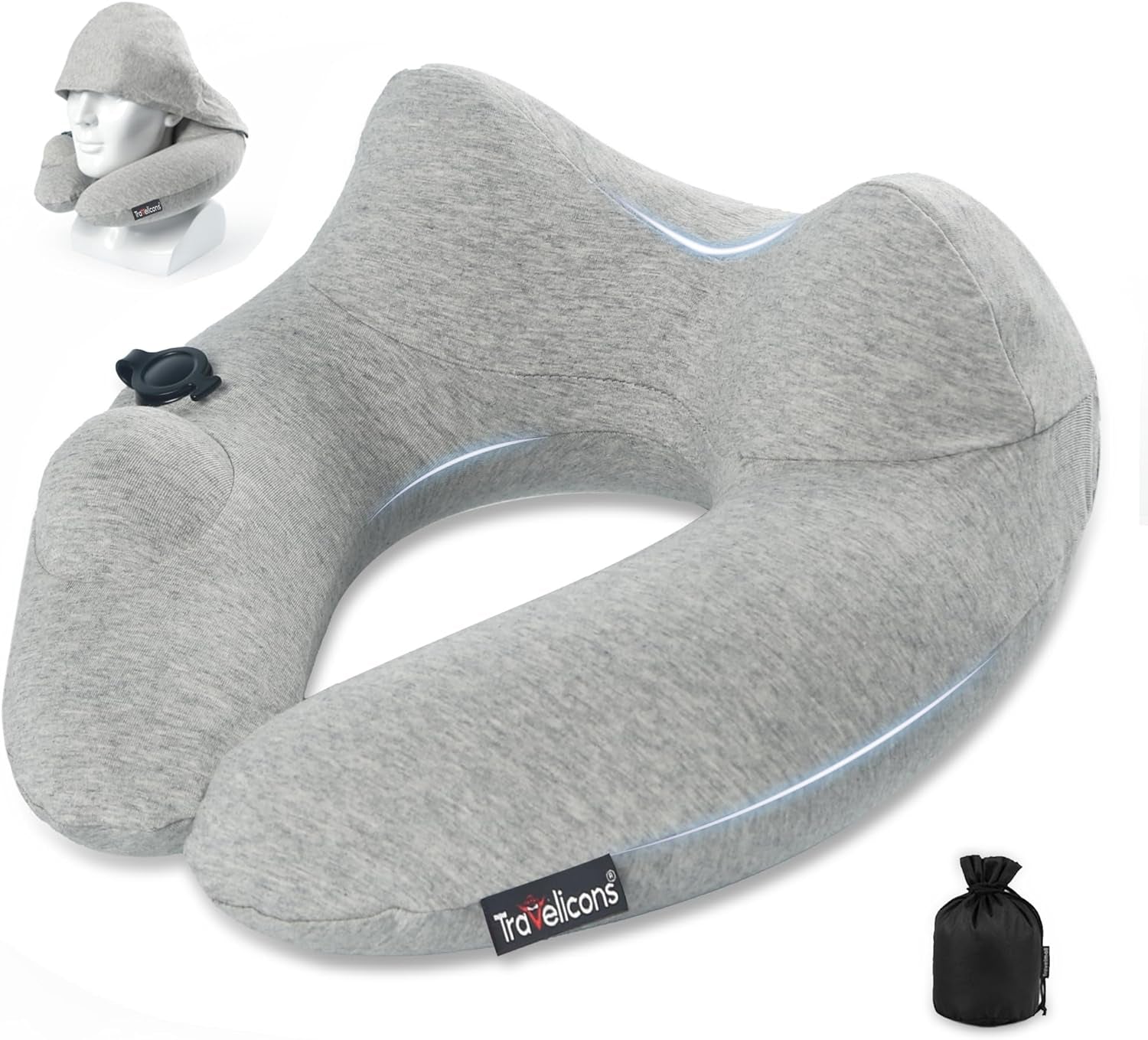 Gray inflatable travel pillow with hood for neck support on airplane, car, and travel use, includes adjustable firmness and washable cover.