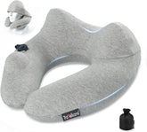Gray inflatable travel pillow with hood for neck support on airplane, car, and travel use, includes adjustable firmness and washable cover.