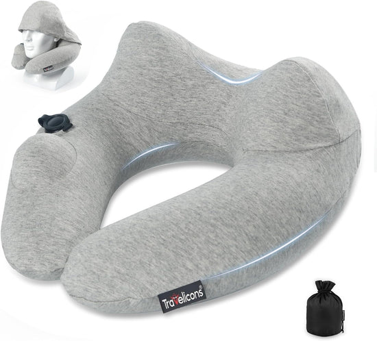 Gray inflatable travel pillow with hood for neck support on airplane, car, and travel use, includes adjustable firmness and washable cover.