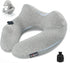 Gray inflatable travel pillow with hood for neck support on airplane, car, and travel use, includes adjustable firmness and washable cover.