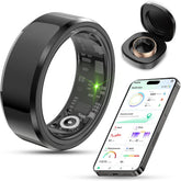Black smart ring health tracker with heart rate sensor, charging case, and smartphone displaying fitness and health data app interface