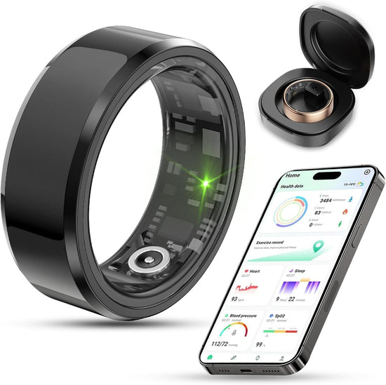 Black smart ring health tracker with heart rate sensor, charging case, and smartphone displaying fitness and health data app interface