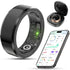 Black smart ring health tracker with heart rate sensor, charging case, and smartphone displaying fitness and health data app interface