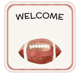 Newborn announcement card with welcome text and football illustration for baby cocoon swaddle product