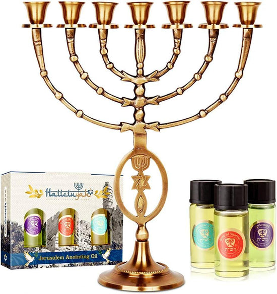 7 branched brass Menorah with grafted in symbol and set of Jerusalem anointing oils from Israel, 12 inches high