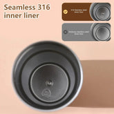 Top view of smart thermos bottle showing seamless 316 stainless steel inner liner with comparison to ordinary stainless steel liner.