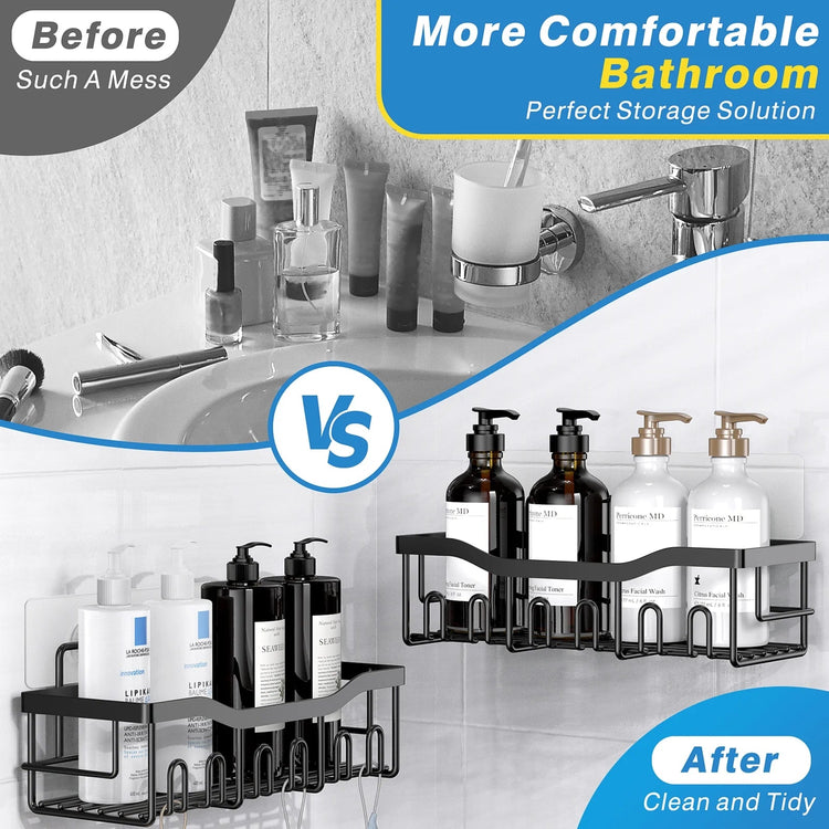 Black adhesive stainless steel shower caddy set with five hanging organizers for bathroom and kitchen storage